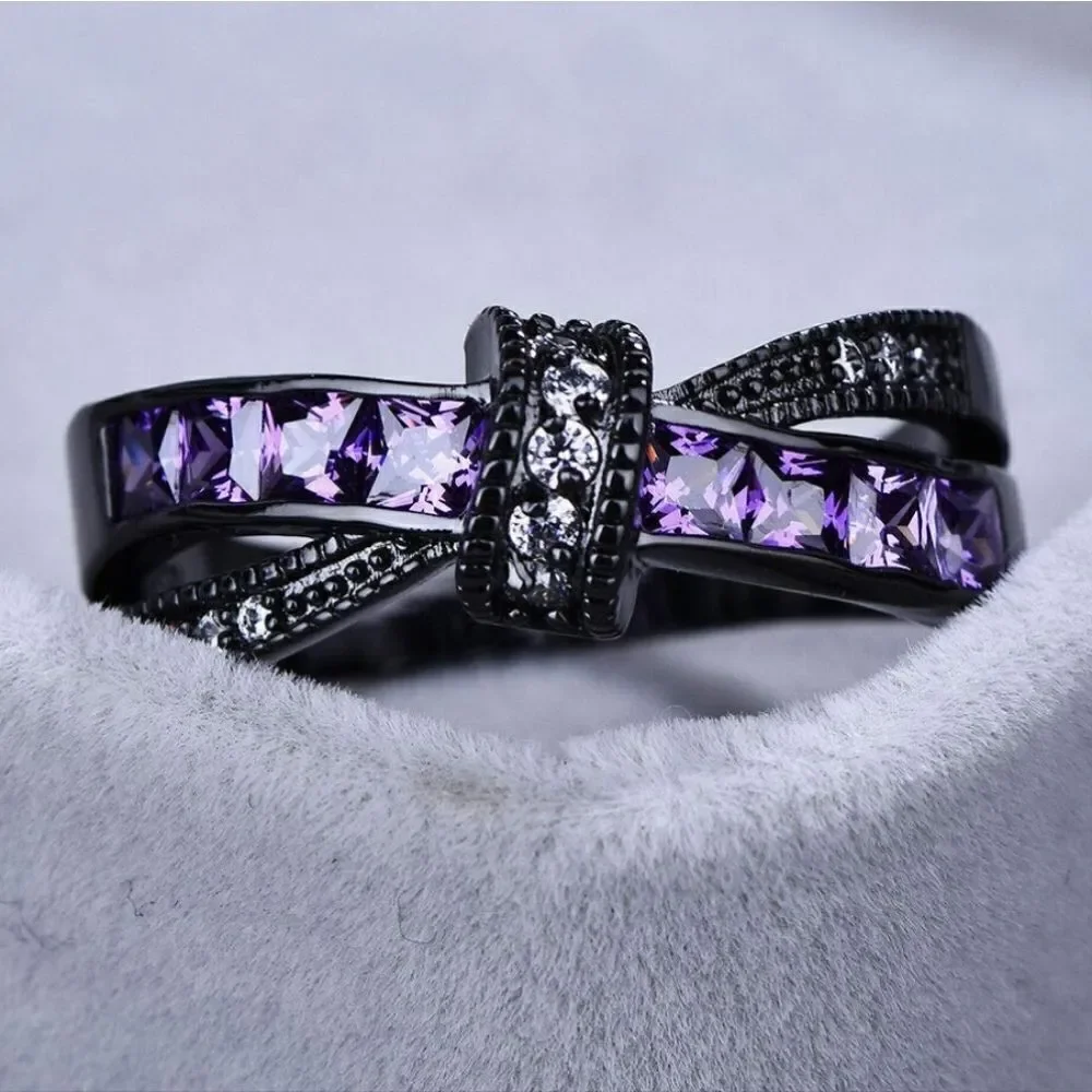 Gothic Amethyst Bowknot Ring Black Stainless Steel Rare and Unique Black Ring
